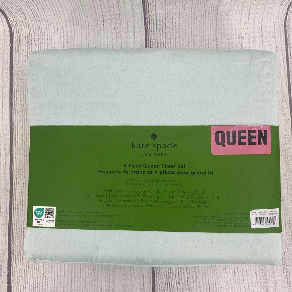 Kate Spade Sheet Set QUEEN Powder Blue 100% Cotton Sateen Solid Color Crisp